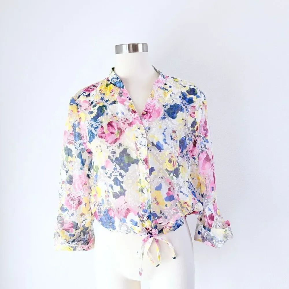 Lark Lane Sheer Flower Floral Velvet Burnout Button Down Blouse Top Shirt Large